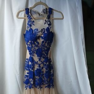 Blue Floral Lace Prom Dress